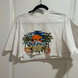 SHEIN White Crop Top with Tropical Print